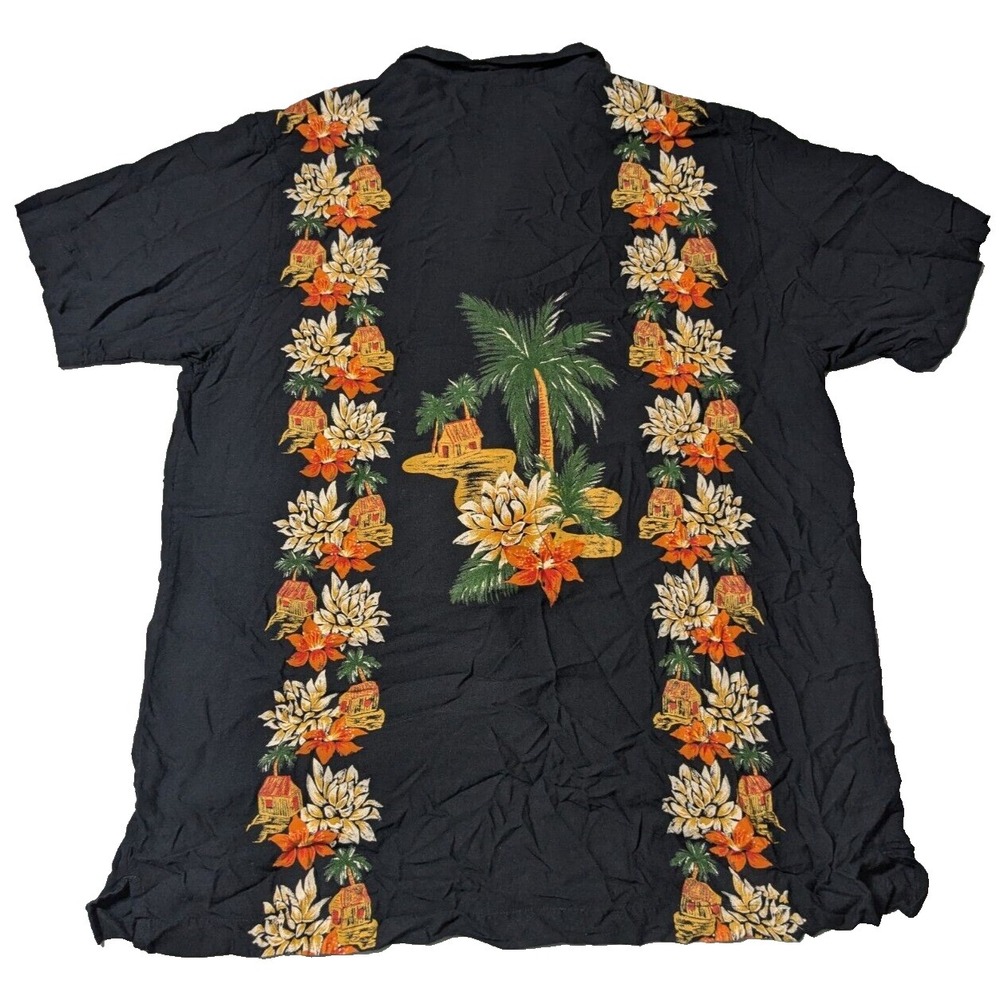 VTG CHEROKEE Men Size XL Black‎ Rayon Floral Hawaiian Button-Up Shirt